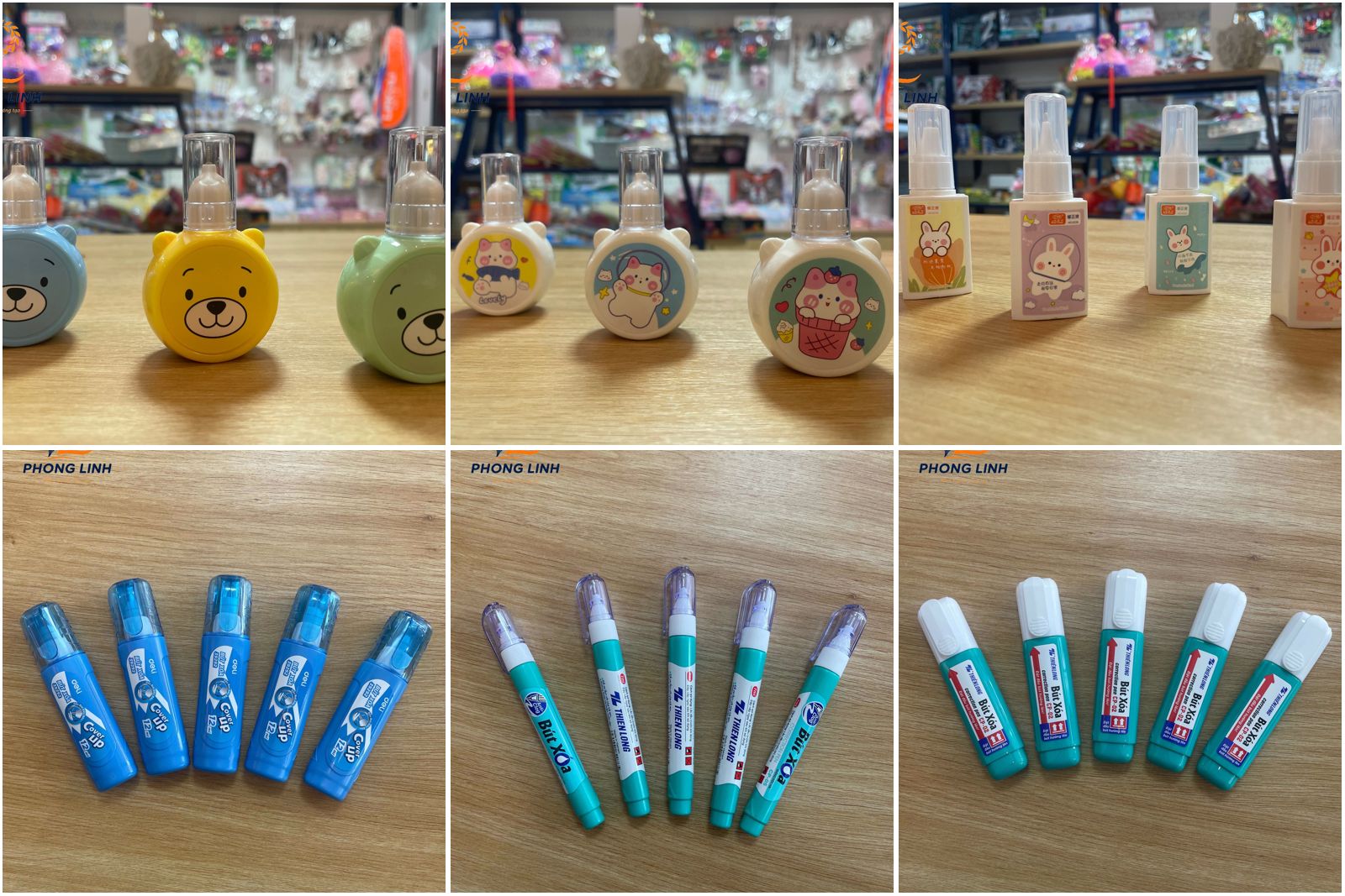 Sáu loại bút xóa nước tại cửa hàng Phong Linh: ZYM gấu, mèo, thỏ, Deli 39292, Thiên Long CP-05 và CP-02